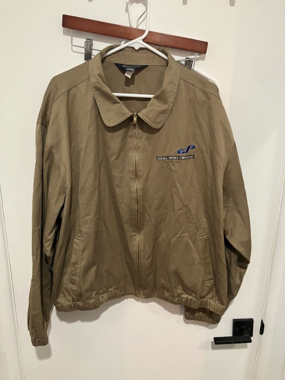Vintage Lands' End Tan Zip Jacket General Physics Corp Logo Unisex XL 46-48